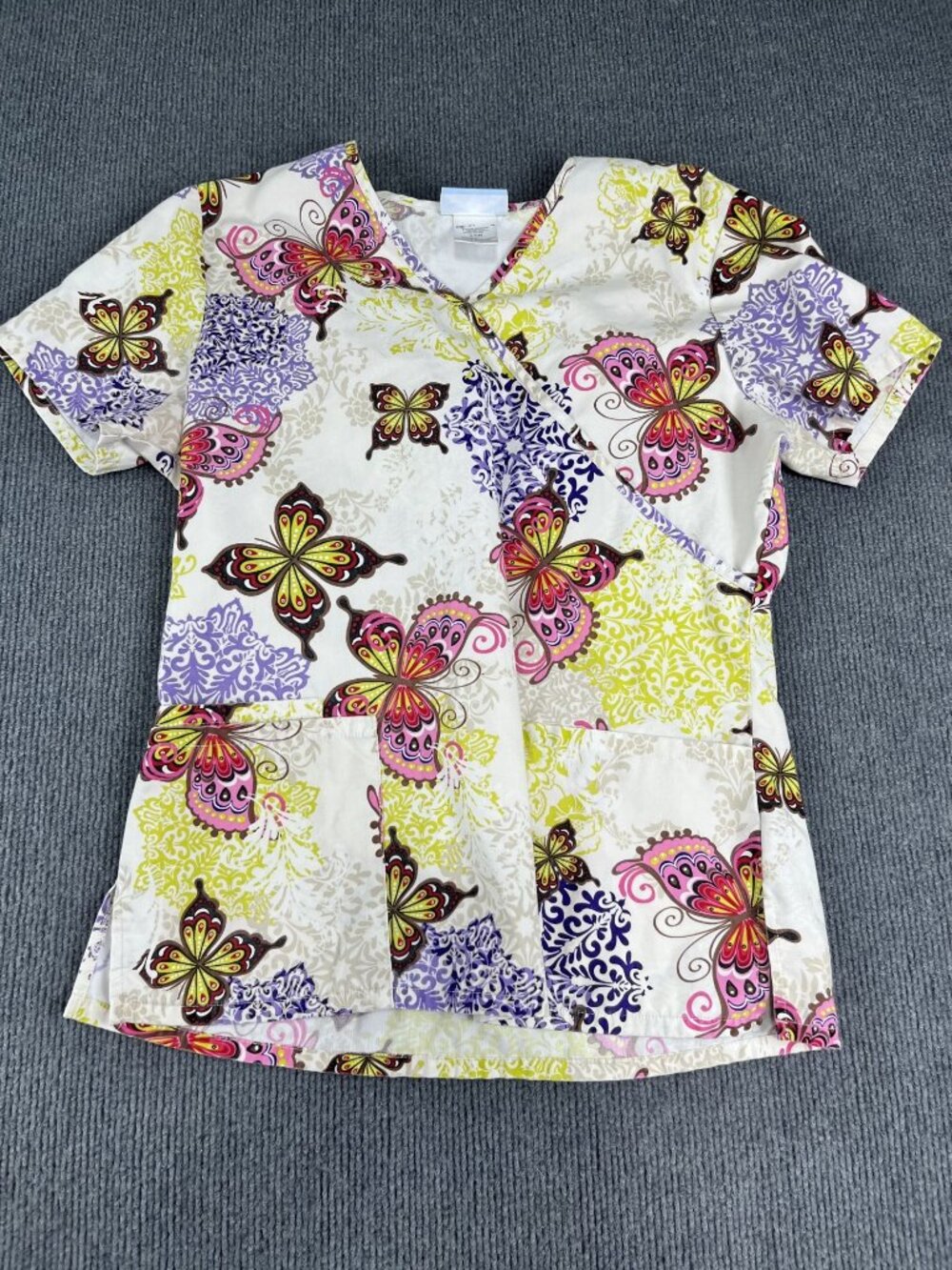 SB Scrubs Butterfly Print Womens V-Neck Scrub Top Pockets White/Multi Size S